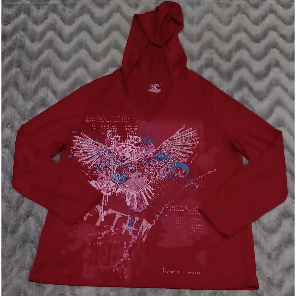Lane Bryant Womens Size 14/16 Red Long Sleeve V Neck Embellished Hooded Shirt